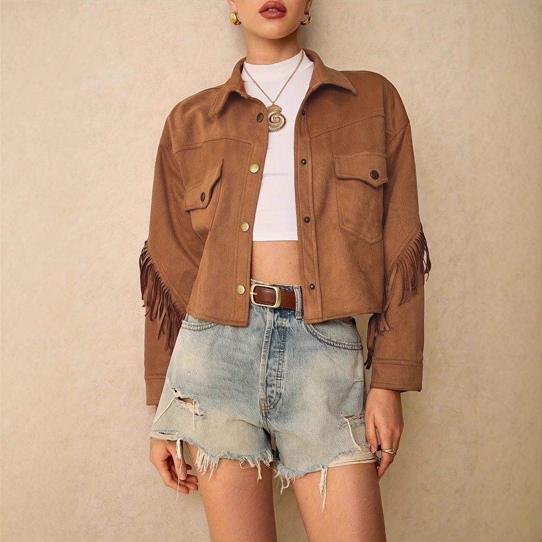 Vireous Women's Faux Suede Long Sleeve Tassel-Trimmed Casual Jacket