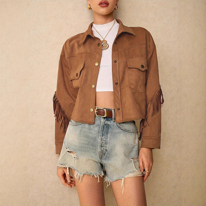 Vireous Women's Faux Suede Long Sleeve Tassel-Trimmed Casual Jacket