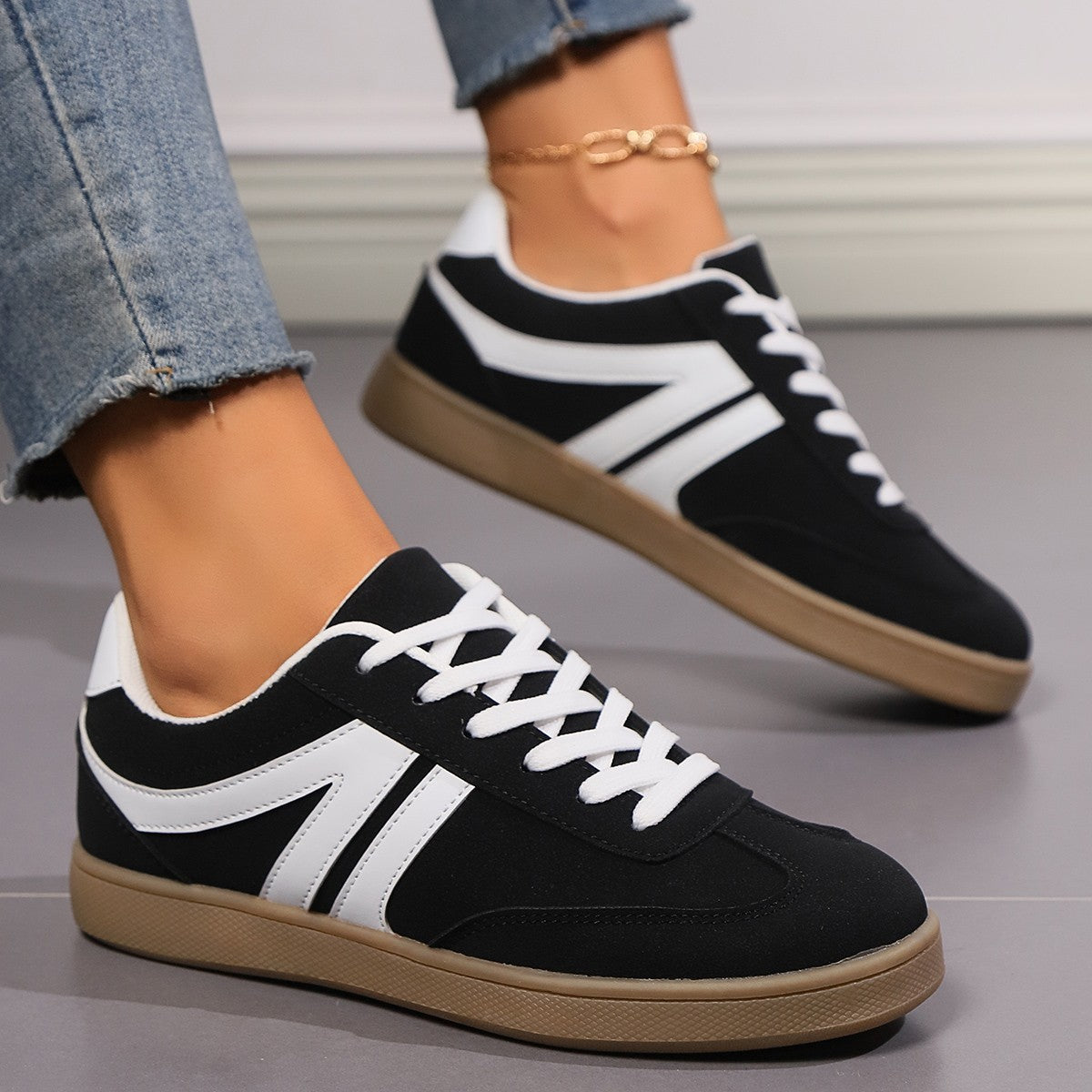 Lace-Up Round Toe Sneakers, Fashion Sports Slip-On Casual Flats
