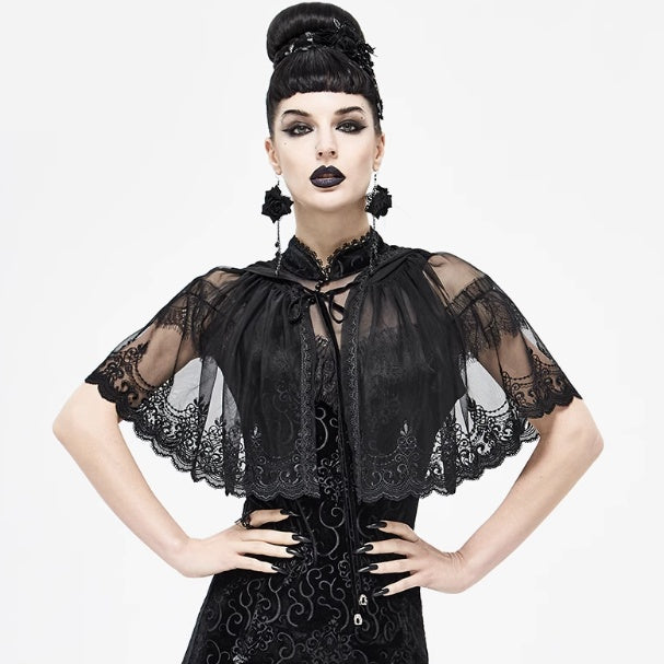 Gothic Fashion Womenswear Dark Lace Mesh Hooded Cloak