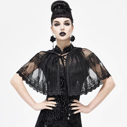 Gothic Fashion Womenswear Dark Lace Mesh Hooded Cloak