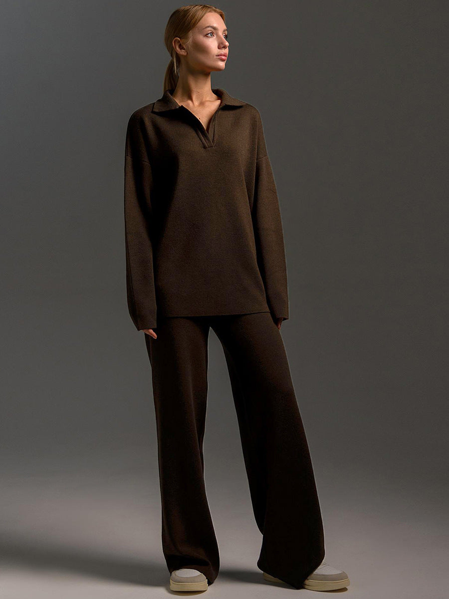 Women's Knitted Fashion Suit, Casual Collared Loose Pants Set