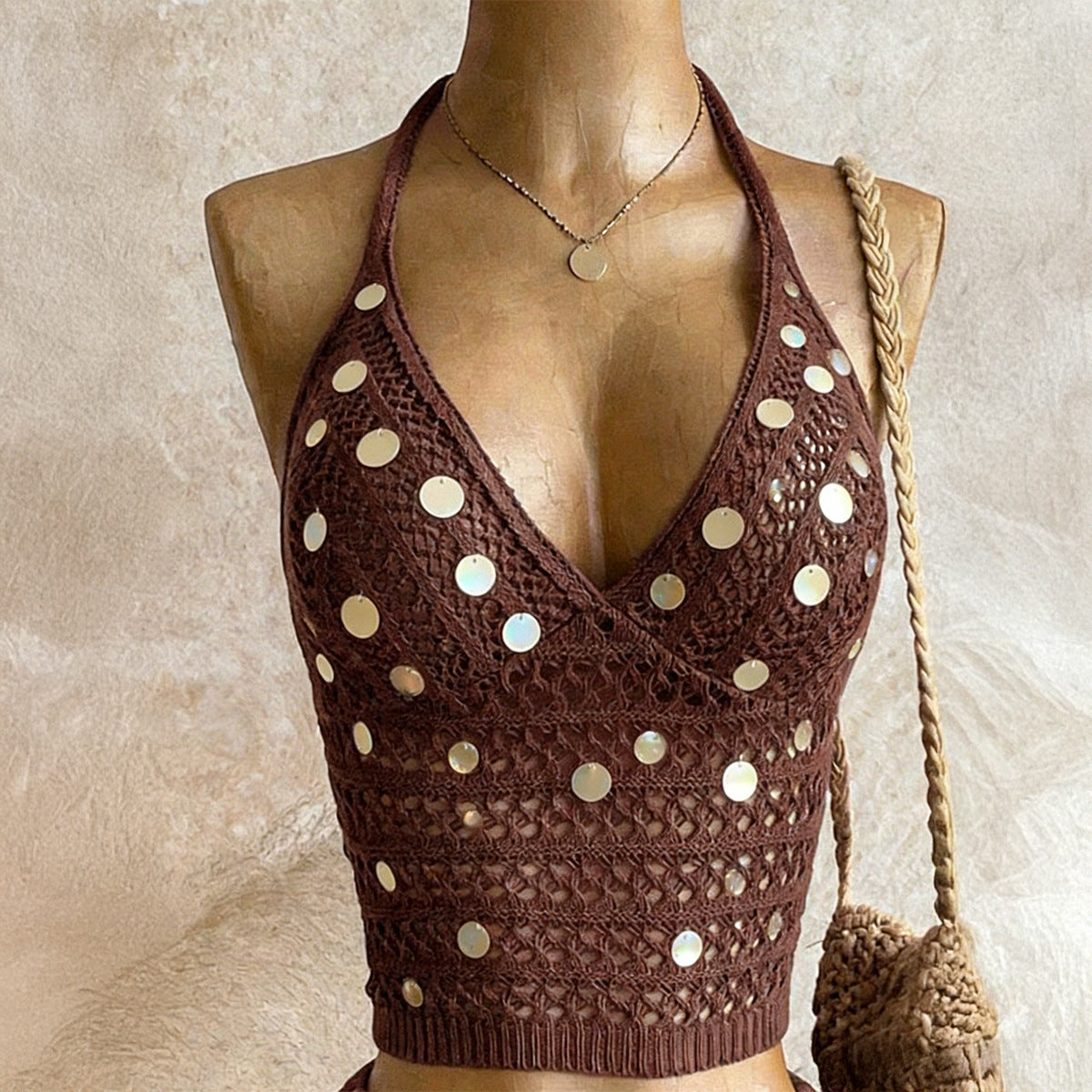 Vireous Sequin Crochet Halter Vest, Figure-Hugging Summer Top