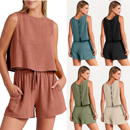 Vireous Two-Piece Summer Sleeveless Top and Drawstring Shorts