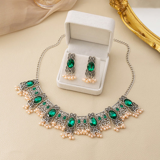 Vintage Emerald Earrings, Ethnic Style, Square Tassel Bead Pendant Jewellery Set