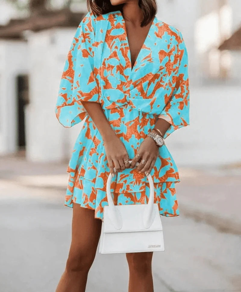Vireous Fashion Print Doll-Sleeve Loose Summer Dress