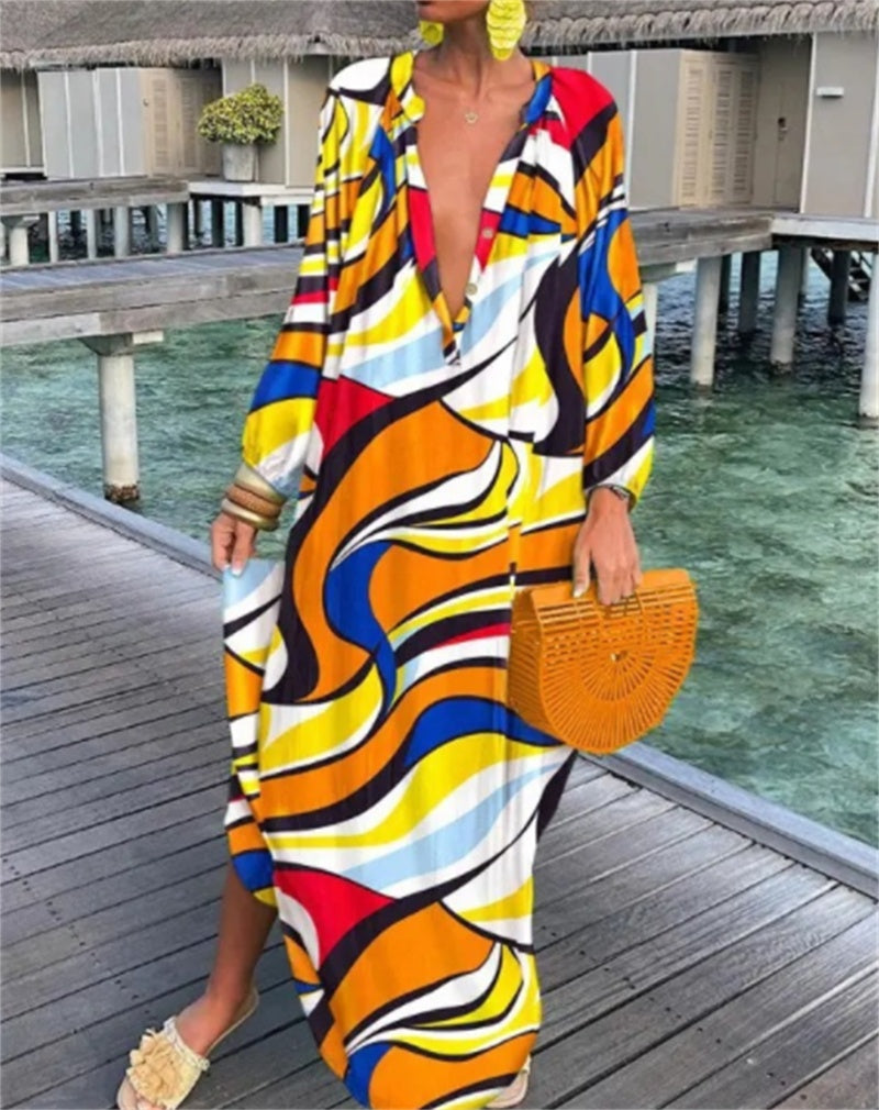 Bold Print Pullover Long Sleeve V-Neck Long Loose Dress, Spring and Summer Collection