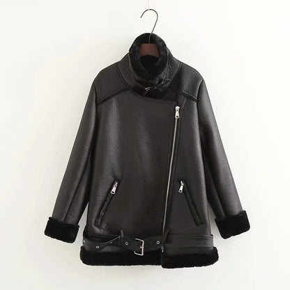Women's Trendy Leather Jacket With Cross-Body Zipper