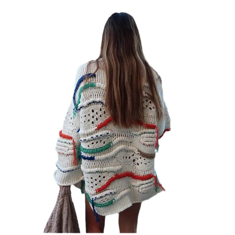 Women's Colour Matching Round Neck Tassel Sweater