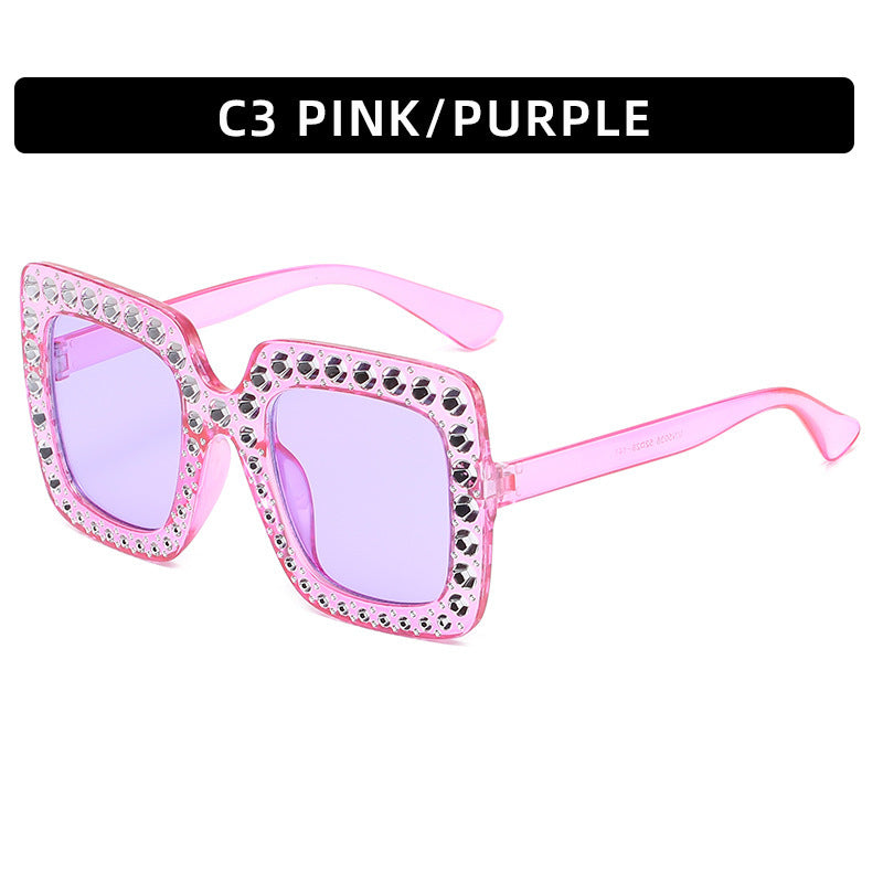 Large Square-Frame Avant Garde Sunglasses with Sparkling Rhinestones