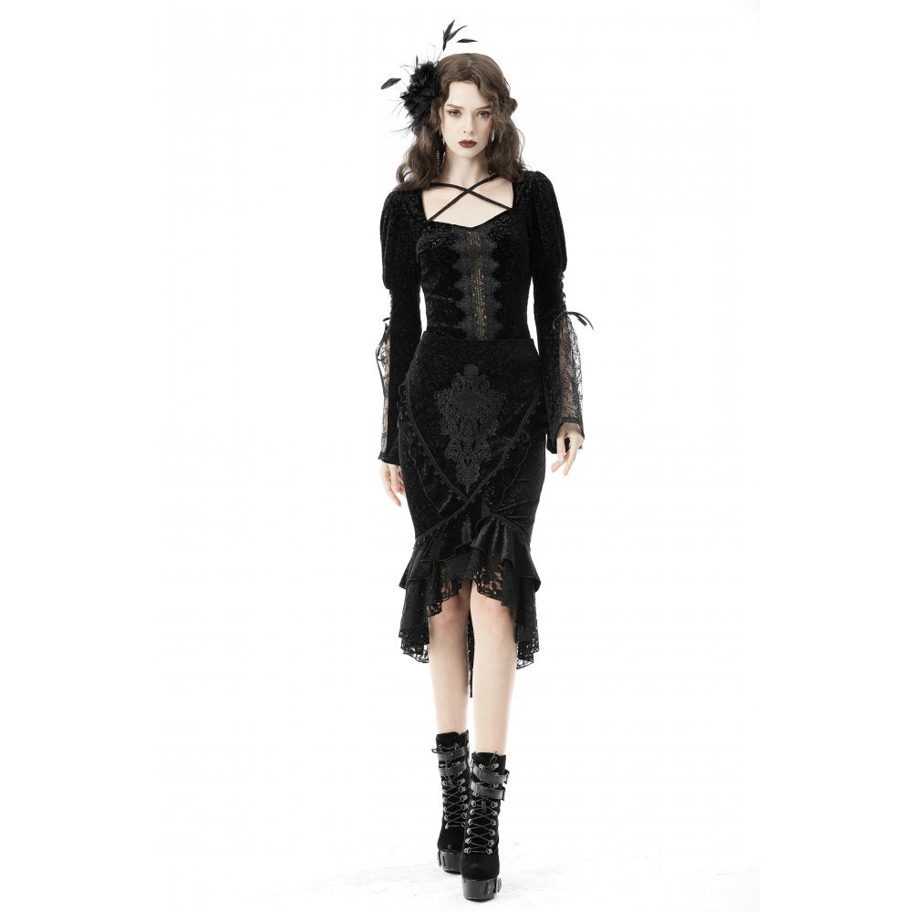 Dark In Love Zira Velvet Fishtail Midi Skirt