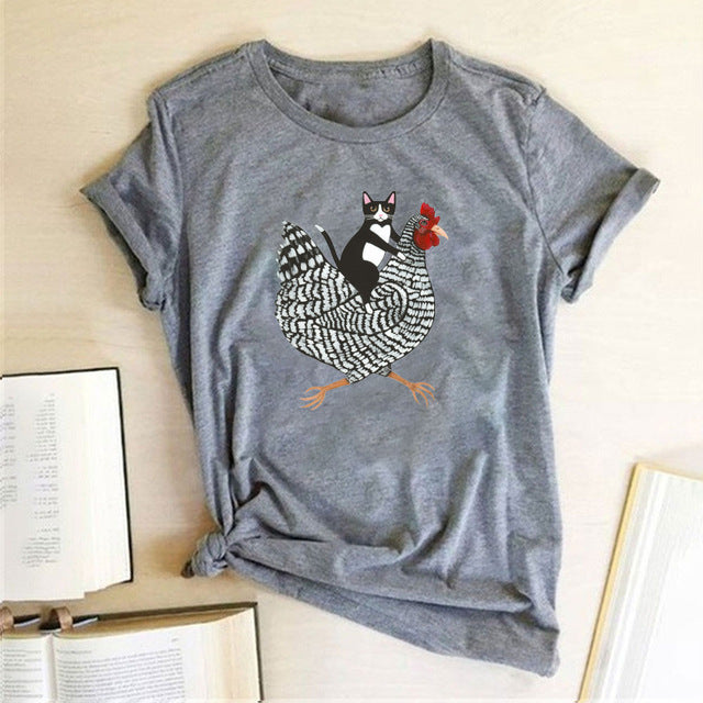 Cat Riding Chicken Print, Funny Women's T-Shirt