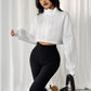 Women's Stand Up Collar Front Button Long Sleeve Textured Short Top
