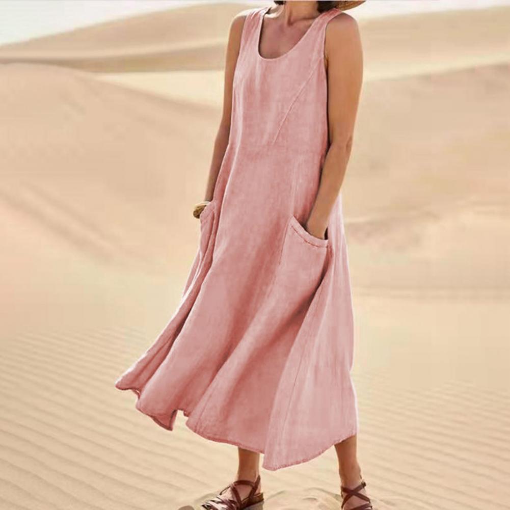 Summer Sleeveless Long Smock Dress with Pockets, Plus Sizes