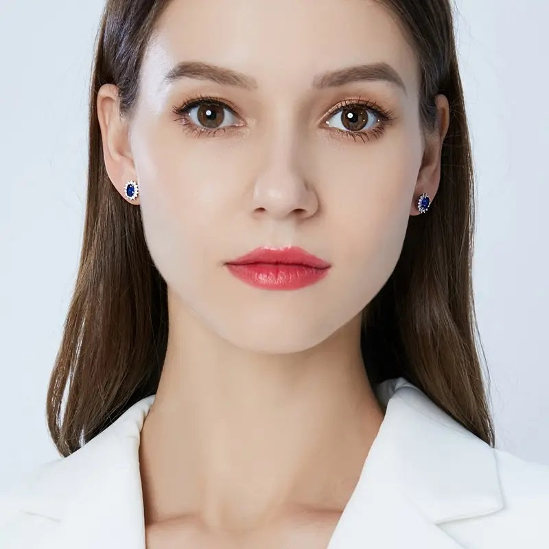 Princess Diana-Style Synthetic Sapphire 925 Sterling Silver Earrings Set