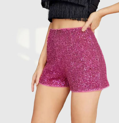Sequin Slim Hot Pants, Women's Mid-Waist Sparkling Shorts