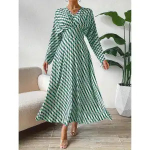 Vireous Geometric Print Long-Sleeve Cinched-Waist Elegant Dress