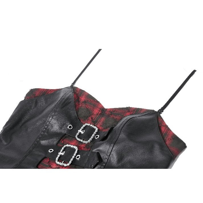 Dark in Love Red-Black Plaid Leather-Layered Punk Sweetcore Dress