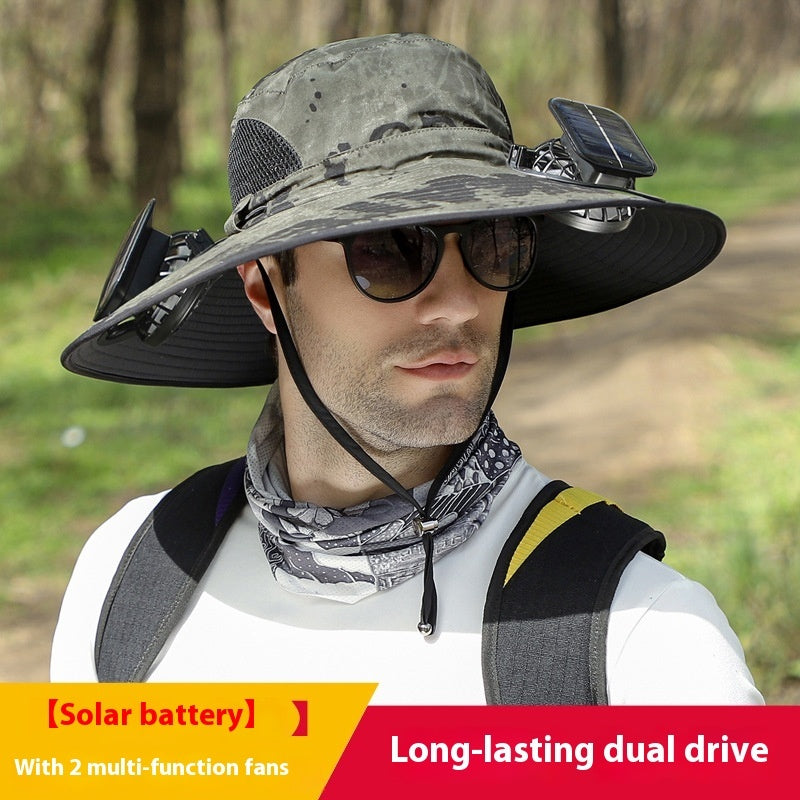 Outdoor Wide-Brim Sun Hat with USB Charging, Solar-Powered Cooling