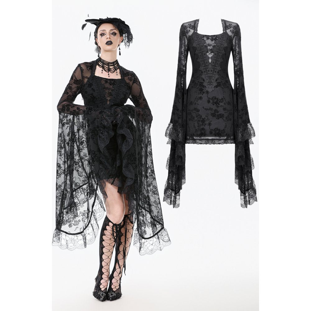 Dark In Love Minerva Bell-Sleeve Lace Dress in Black