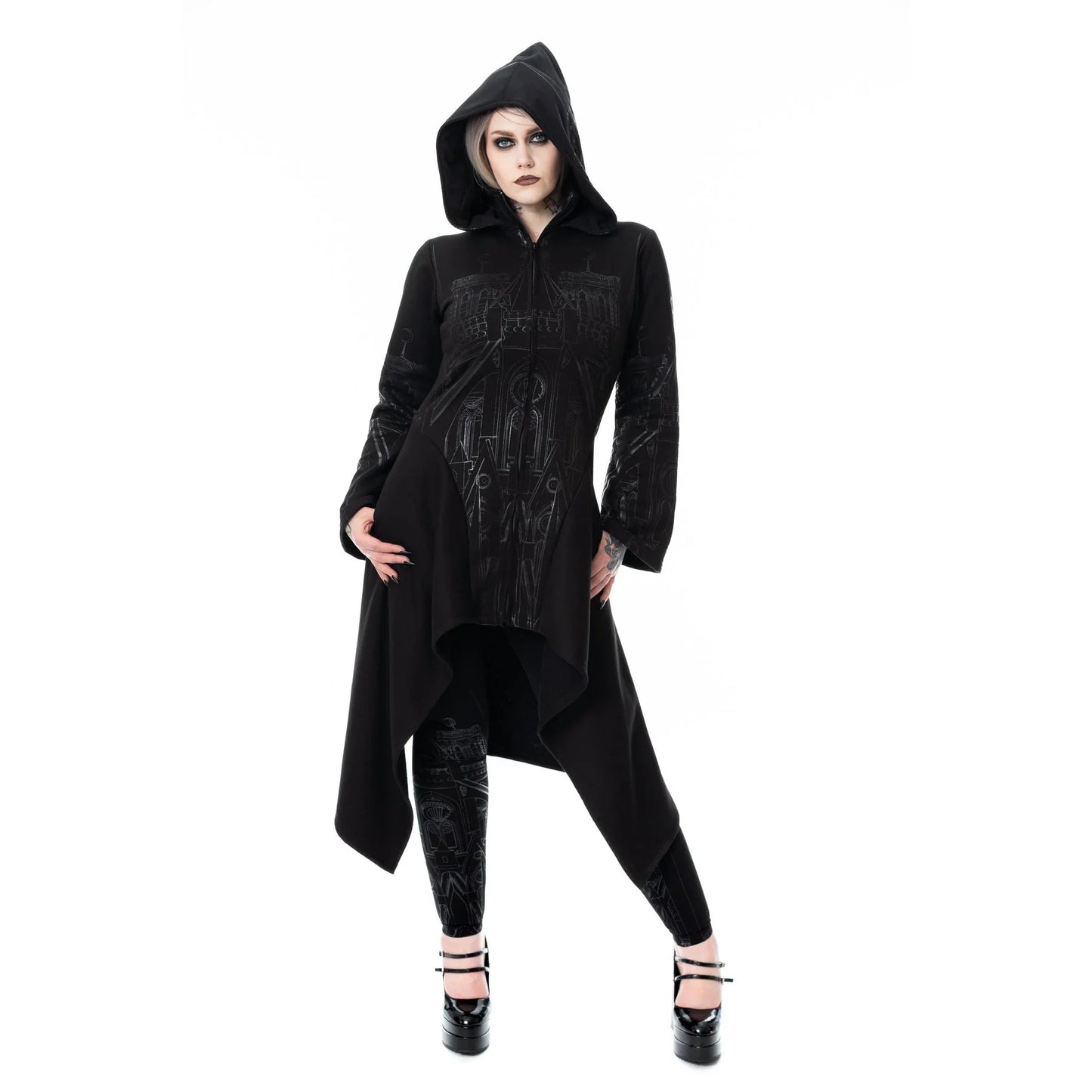Vixxen Basilica Cathedral-Inspired Printed Zip-Up Hoodie in Black
