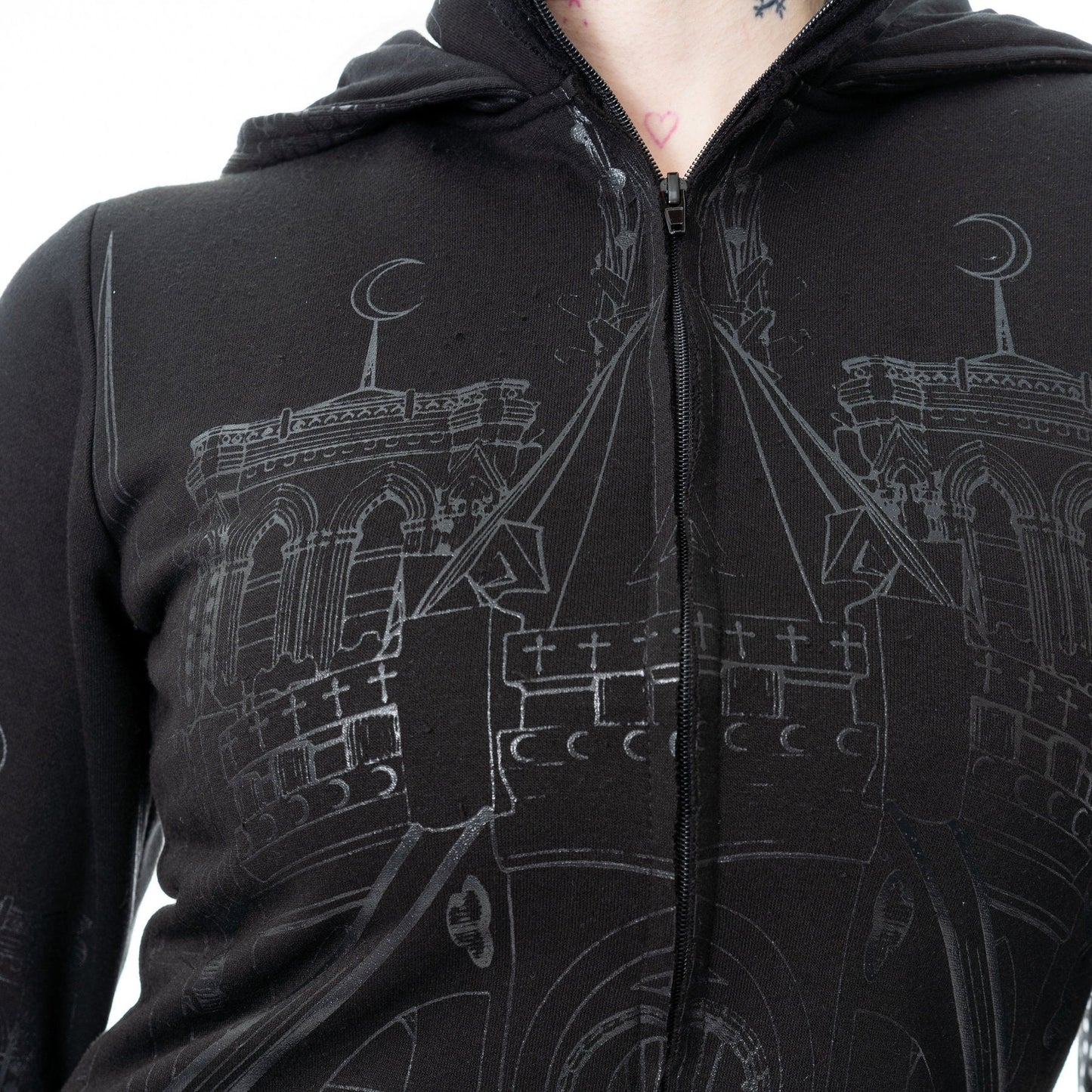 Vixxen Basilica Cathedral-Inspired Printed Zip-Up Hoodie in Black