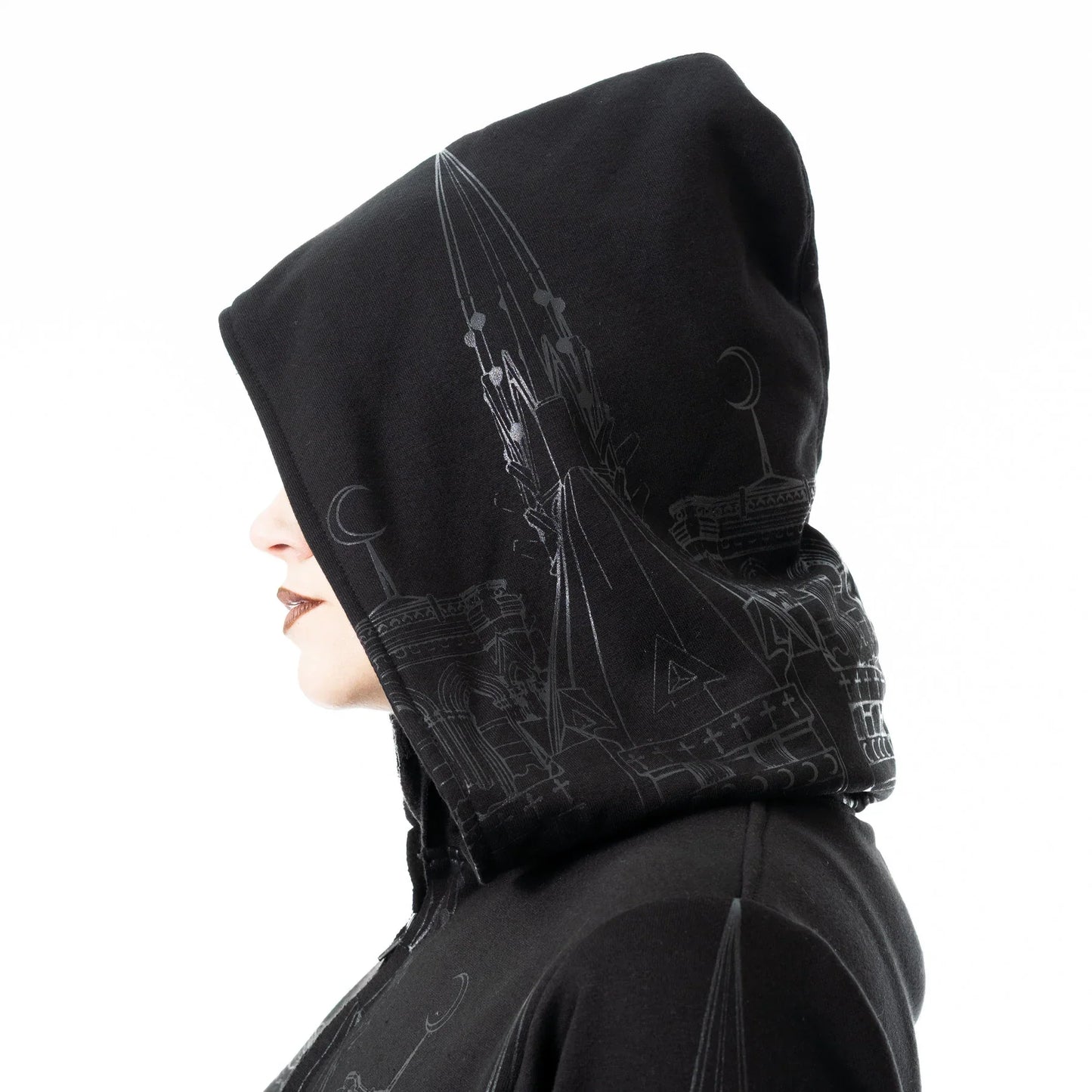 Vixxen Basilica Cathedral-Inspired Printed Zip-Up Hoodie in Black