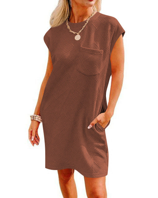 Vireous Round-Neck Short-Sleeve Dress with Pockets, Multi Colours