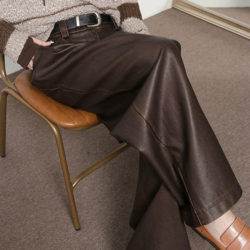 Vireous Women's Designer Vintage Brown Pleated Loose Leather Pants