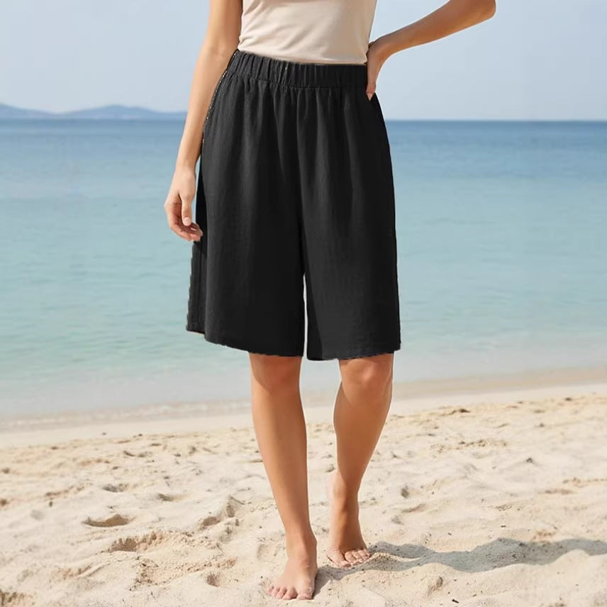 Women's Summer Loose Casual Cotton-Linen Elastic-Waist Capri Shorts