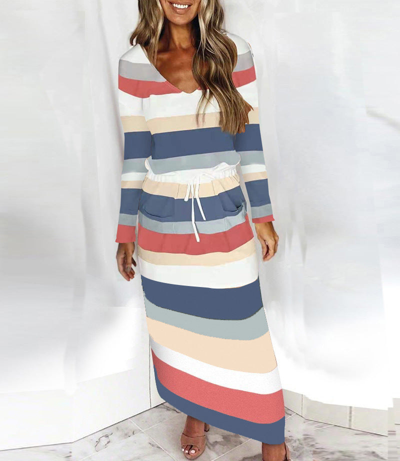 Vireous Loose Print Striped Long-Sleeve Dress