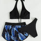 Three-Piece Leaf Print Bikini with Shorts, Fashion Summer Beach Swimsuit