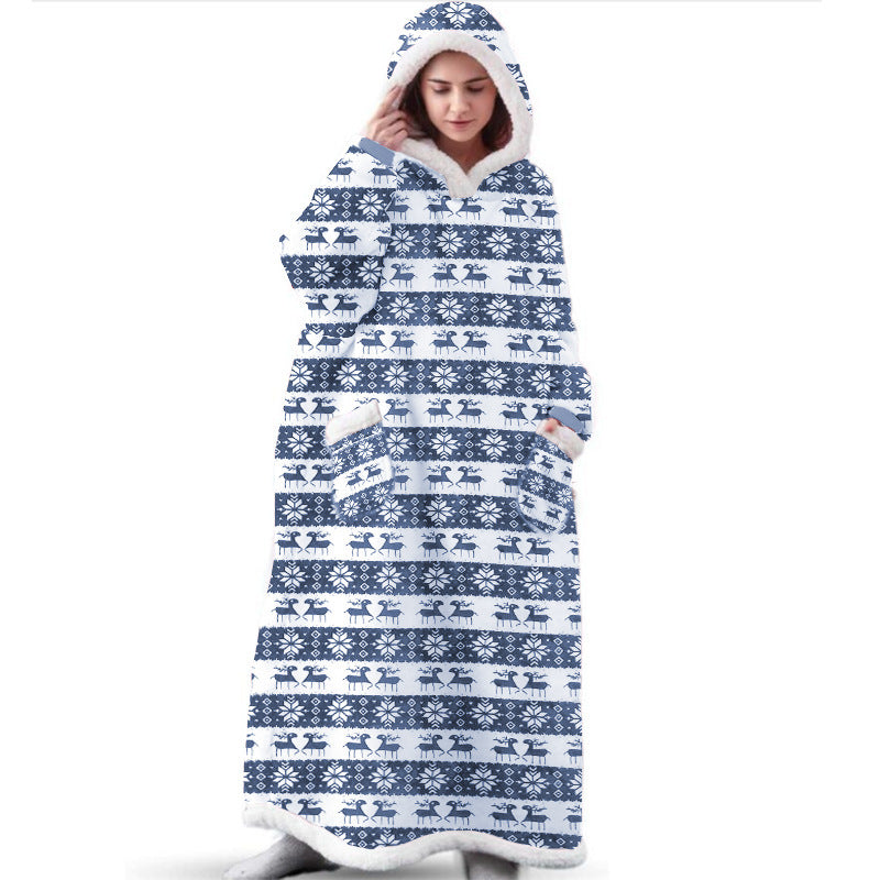 Christmas Hoodie Warm Long Reindeer-Design Blanket