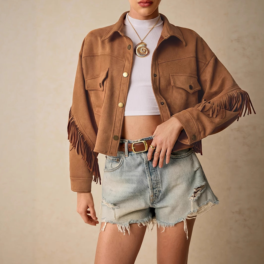 Vireous Women's Faux Suede Long Sleeve Tassel-Trimmed Casual Jacket