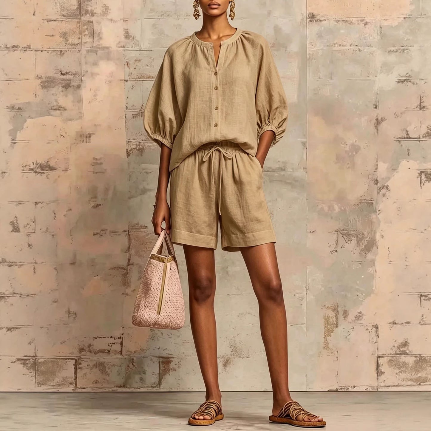 Summer Fashion Cotton-Linen Lantern-Sleeve Shirt and Drawstring Shorts Set