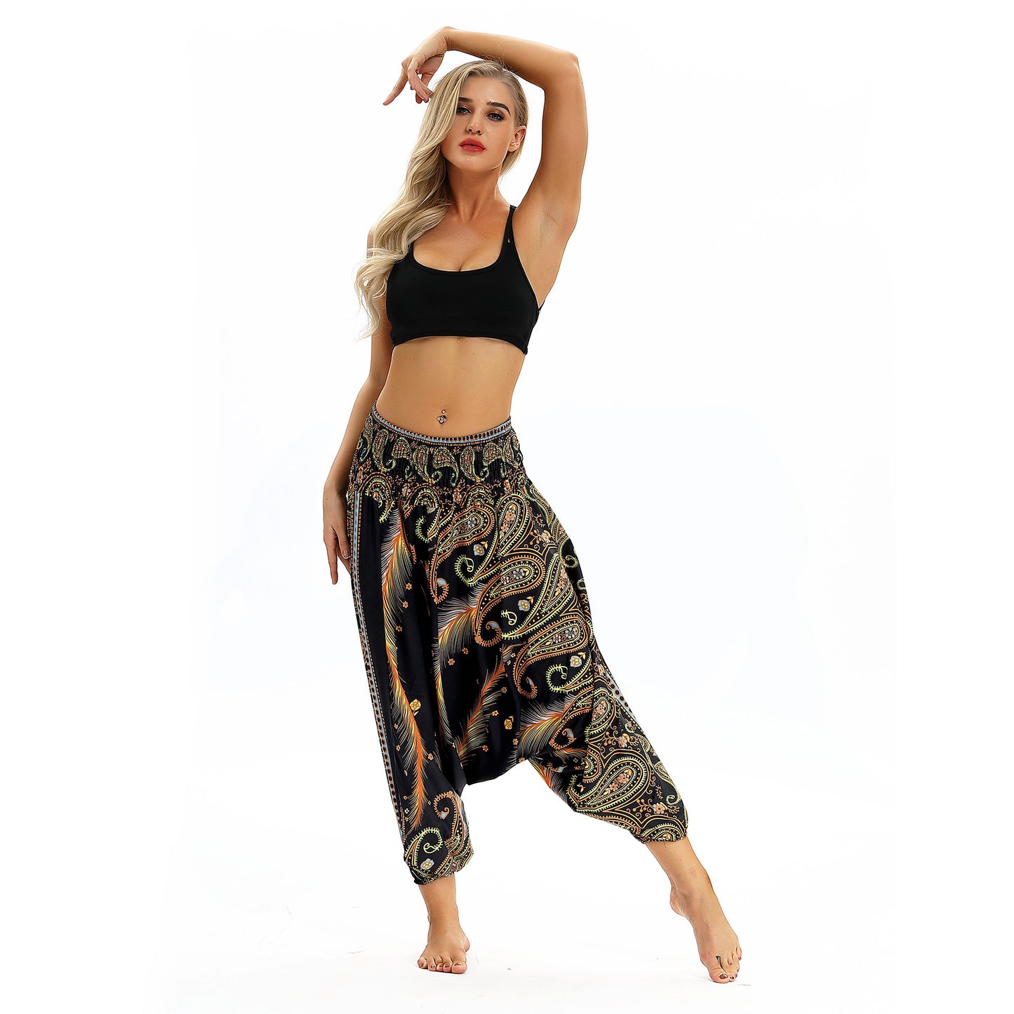 Peacock Feather Print, Ethnic Dance, Yoga Loose Crotch Ankle Banded Pants