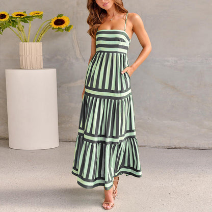 Vireous Summer Fresh Striped Print Suspender Long Dress, with Pockets