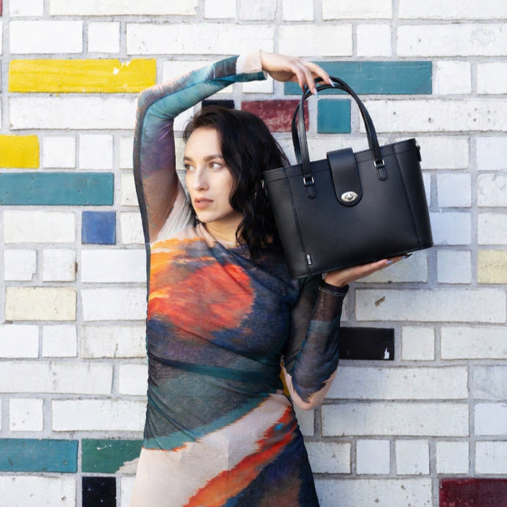 Leather Mini Twist Lock Shopper Bag in Black