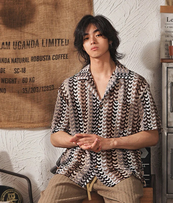 Men's Cuban-Collar National-Style Hollow Out Jacquard Short-Sleeve Shirt