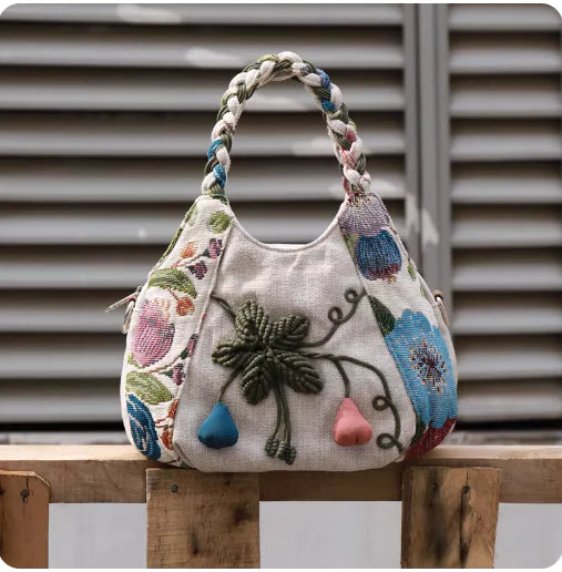 Soft Embroidery Woven Small Tote Handbag