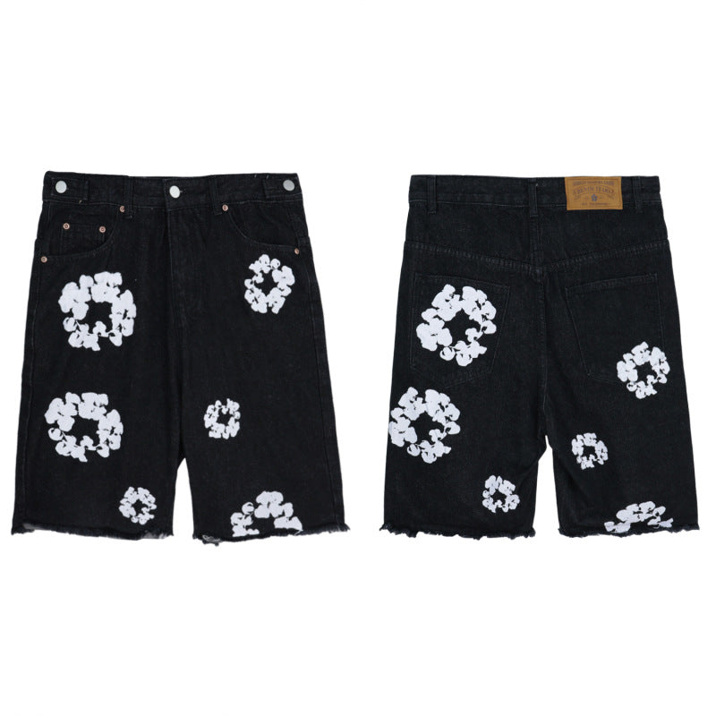 Cotton Flower Design Unisex Denim Shorts