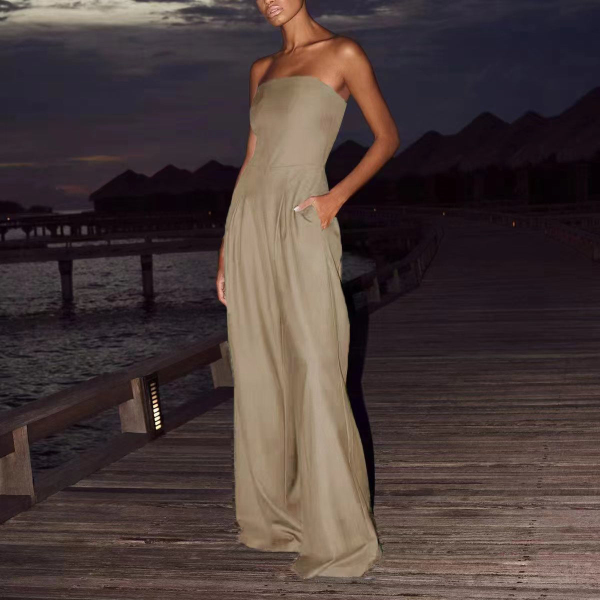 Loose Tube-Top Jumpsuit, Fashion Backless Rompers, Wide-Leg Long Pants