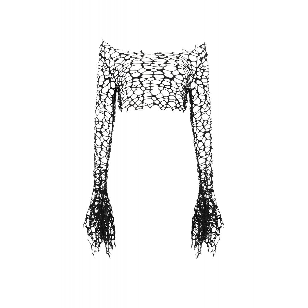 Dark in Love Morana Mesh Crochet-Knit Bell Sleeve Crop Top