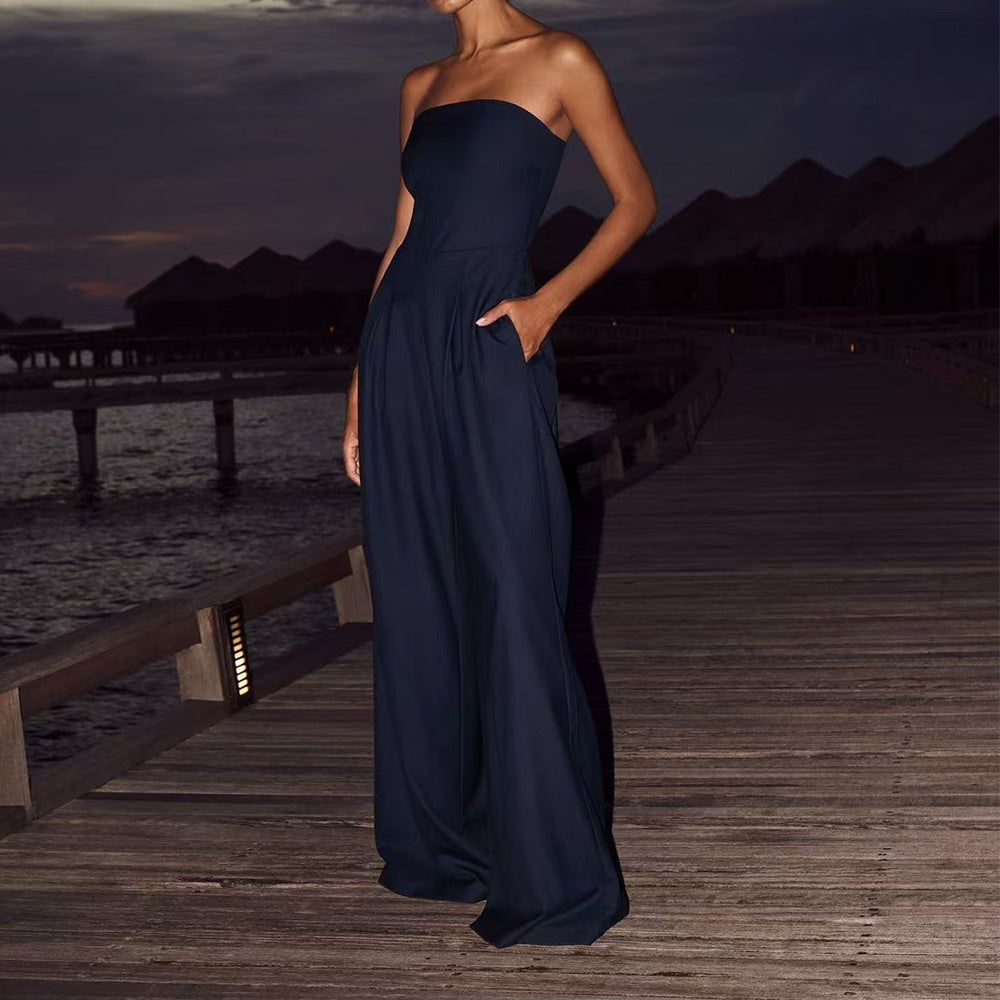 Loose Tube-Top Jumpsuit, Fashion Backless Rompers, Wide-Leg Long Pants