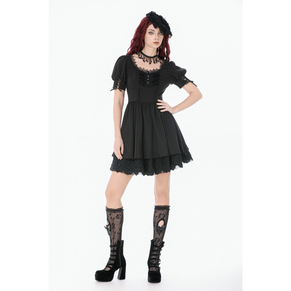 Dark in Love Gothic Lace Square-Neck Puff-Sleeve Dress