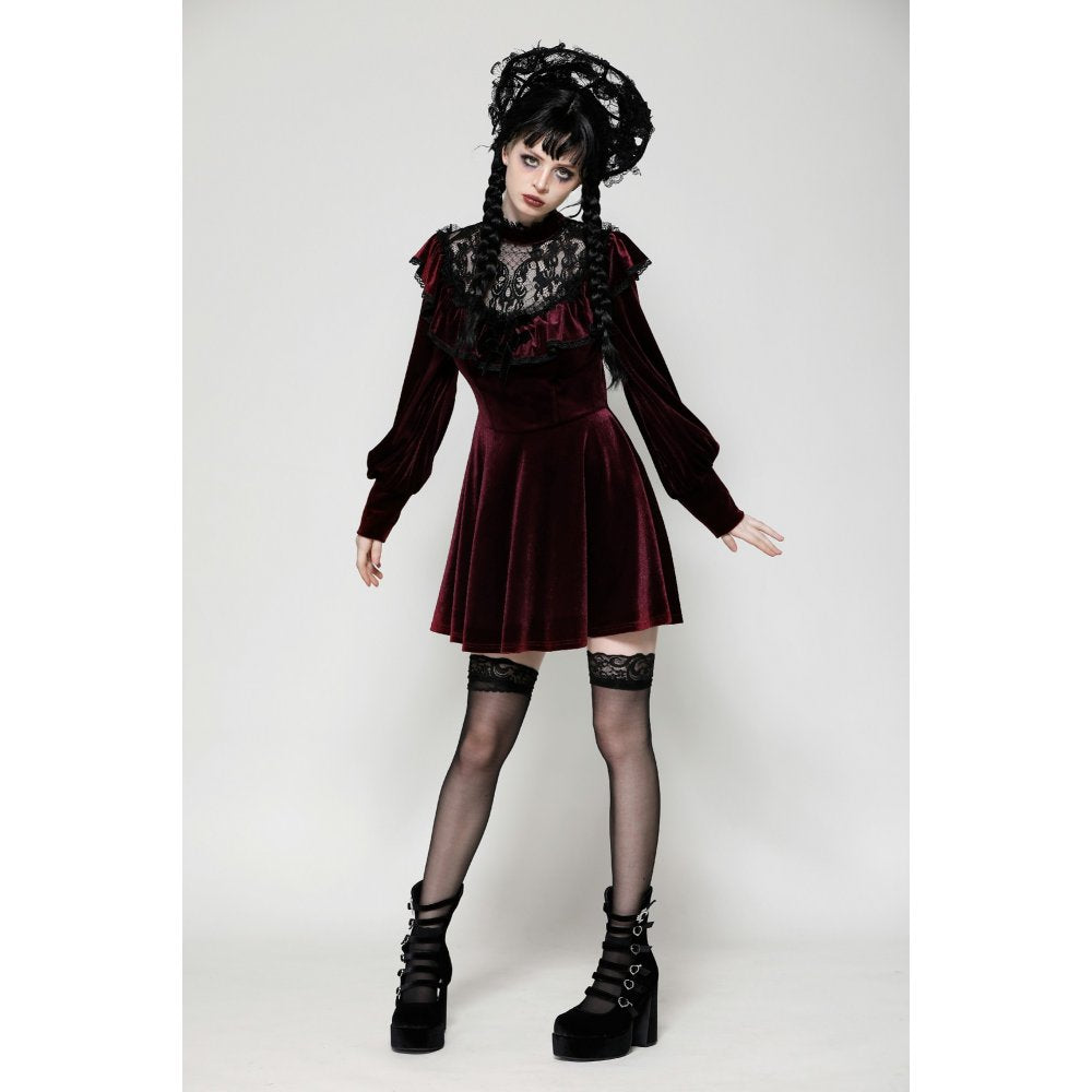 Dark in Love Verity Burgundy Velvet Dress with Black Gothic Lace