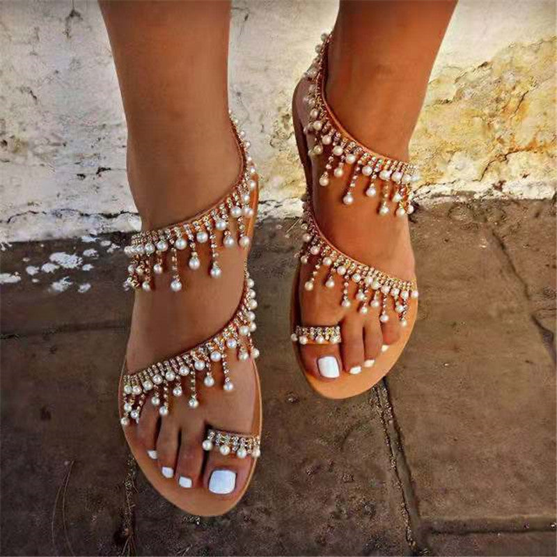Rhinestone Beaded Women's Roman Pearl Flat Sandals