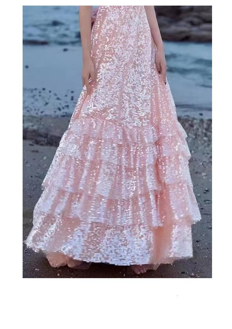 Vireous Soft Luxury Pink Layered Evening Dress