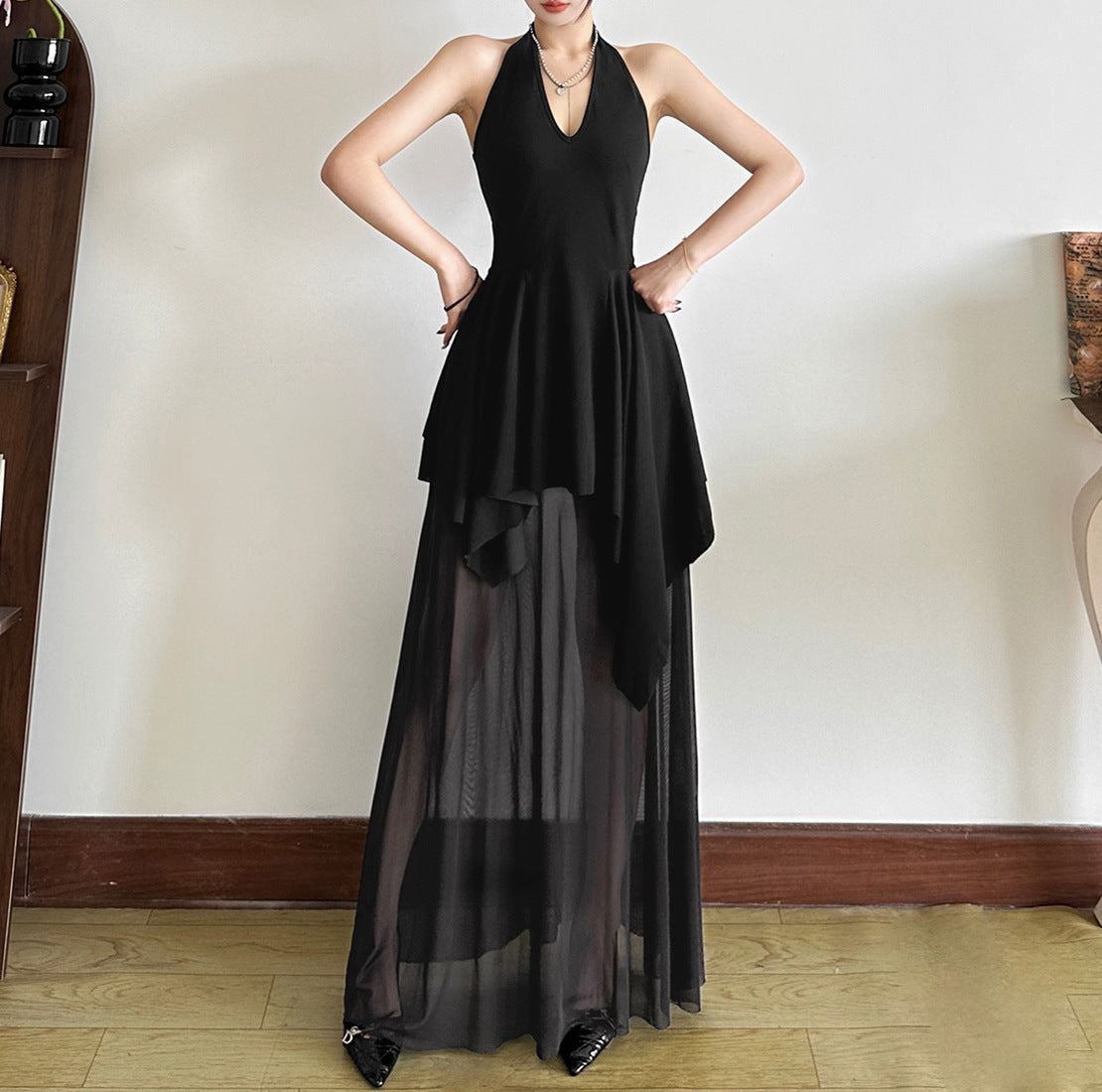 French Style V-Neck Girdle Layered Mesh Black Formal Dress