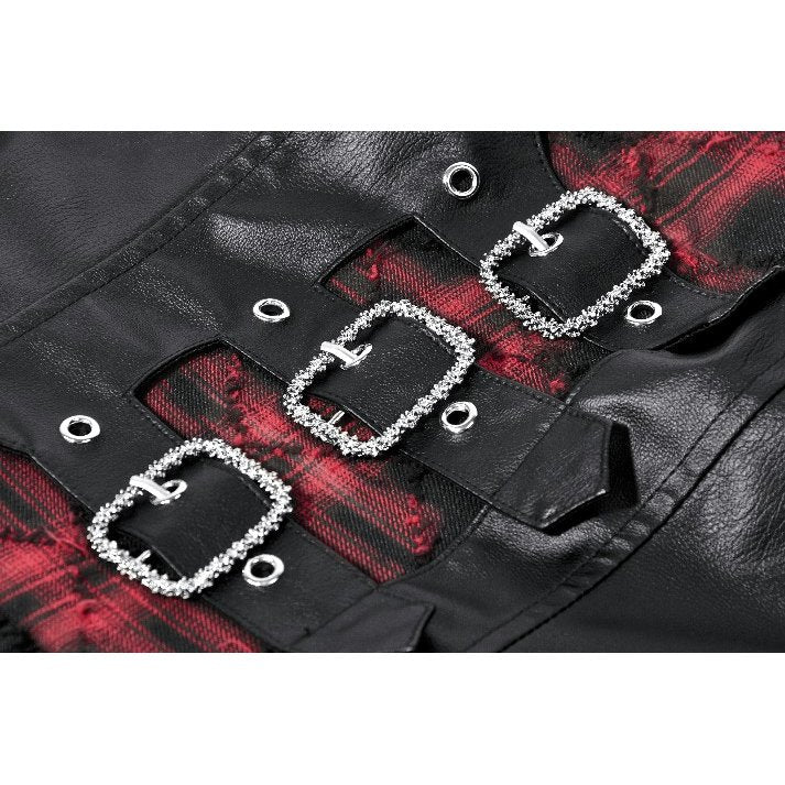 Dark in Love Red-Black Plaid Leather-Layered Punk Sweetcore Dress